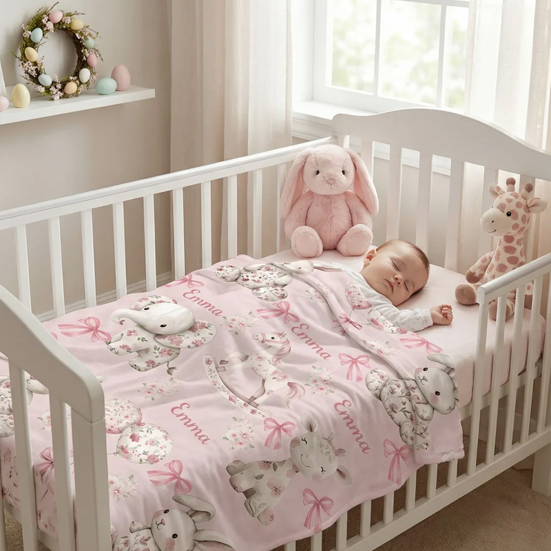 Personalized Floral Bunny Elephant Ponny Pink Soft Throw Blanket with Name Nursery Decor Easter Birthday Gift for Kids Girls