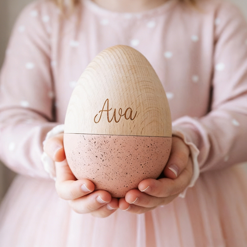 Personalized Wooden Two Tone Theme Custom Name Engraved Reusable Holiday Gift Keepsake Easter Egg