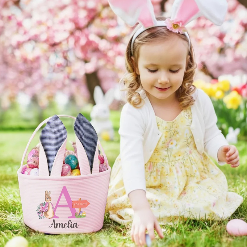 Personalized Cute Peter Rabbit Ears Stripe Easter Basket with Name and Initial Easter Party Favor Eggs Hunting Gift for Kids