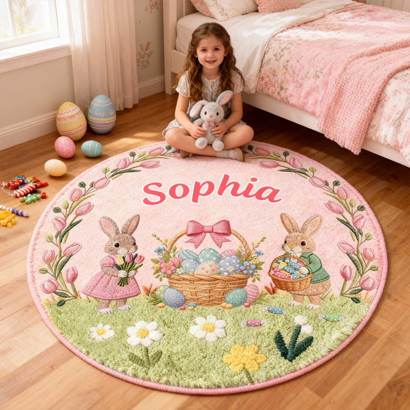 Personalized Cute Bunny Theme Custom Name Round Nursery Floor Mat Holiday Carpet Rug