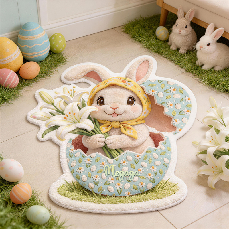 Personalized Floral Rabbit Design Custom Name Colorful Holiday Garden Welcome Carpet Rug