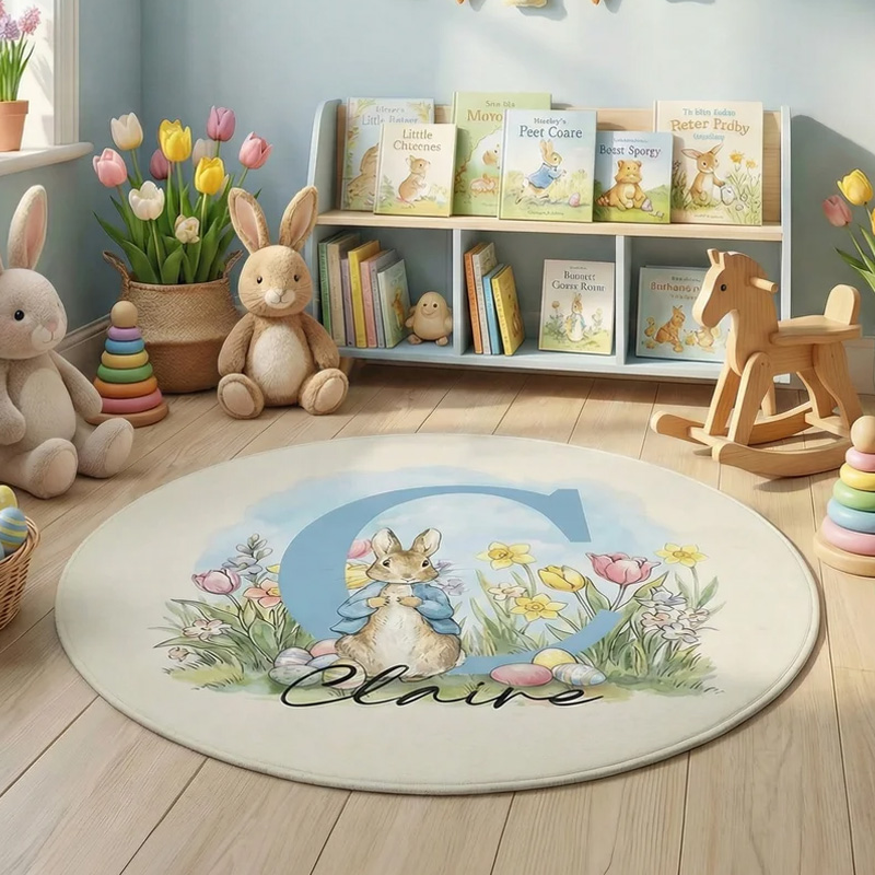 Personalized Cute Peter Rabbit Easter Egg Round Floor Mat with Name and Initial Home Decor Easter Gift for Infants Children