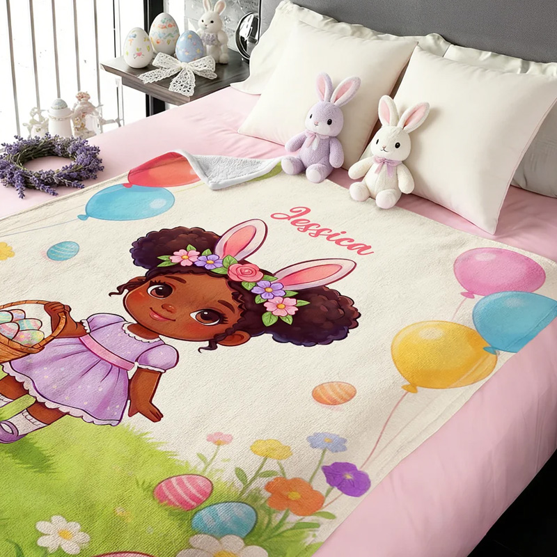 Personalized Cute Character Easter Egg Soft Throw Blanket with Name Home Use Easter Gift for Boys Girls
