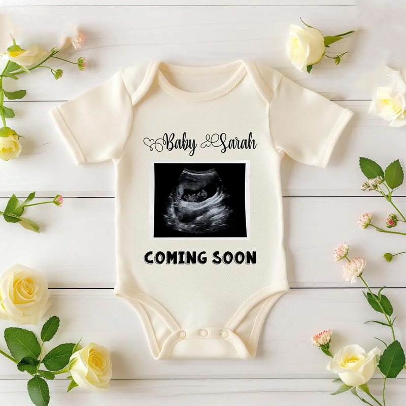 Personalized Pregnancy Announcement Theme Custom Name Ultrasound Photo Coming Soon Baby Bodysuit