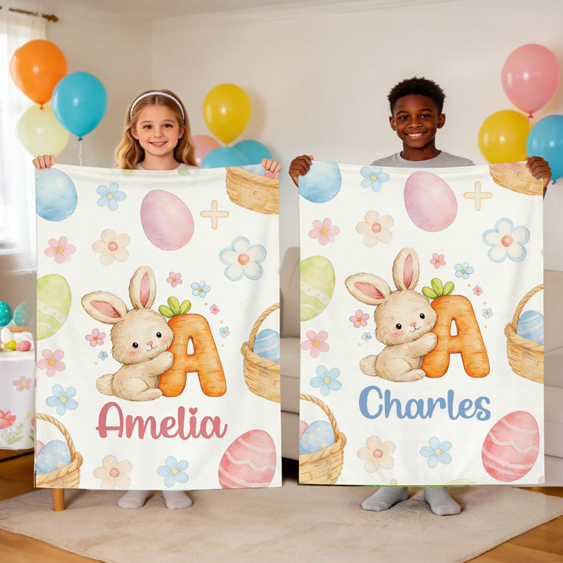 Personalized Bunny Theme Custom Name Initial Easter Gift Soft Kids Nursery Cozy Blanket