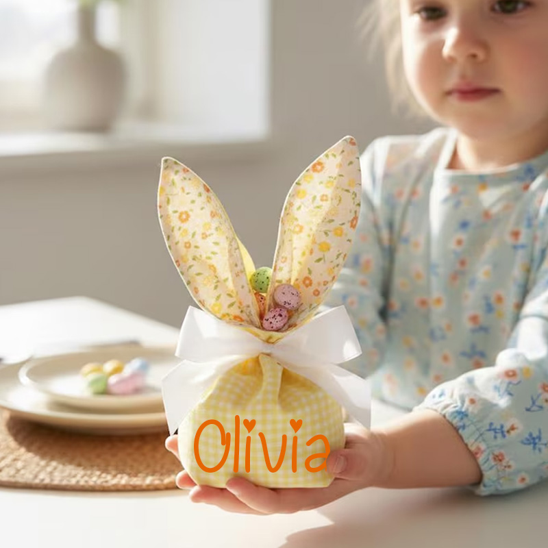 Personalized Easter Theme Custom Name Cute Reusable Fabric Gift Pouches Kids Party Bunny Ear Treat Bags