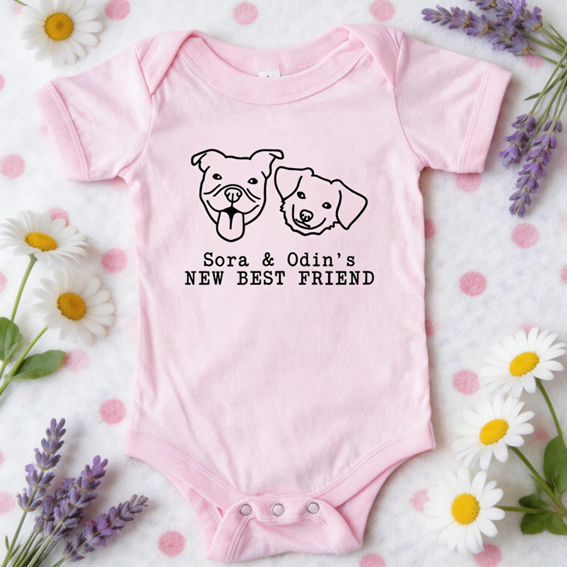 Personalized Pet Photo Best Friends Theme Custom Face and Name Puppy Outline Unique Family Outfit Baby Bodysuit