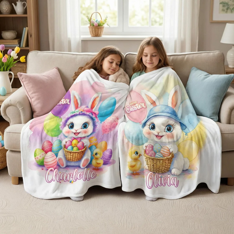 Personalized Happy Easter Cute Bunny Chick Balloon Soft Throw Blanket with Name Home Decor Easter Gift for Kids
