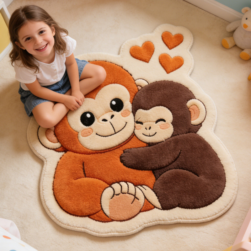Cute Baby Monkey Hugging Parent Soft Nursery Room Play Mat Gift Punch Monkey Carpet Rug Gifts for Emotional Comfort