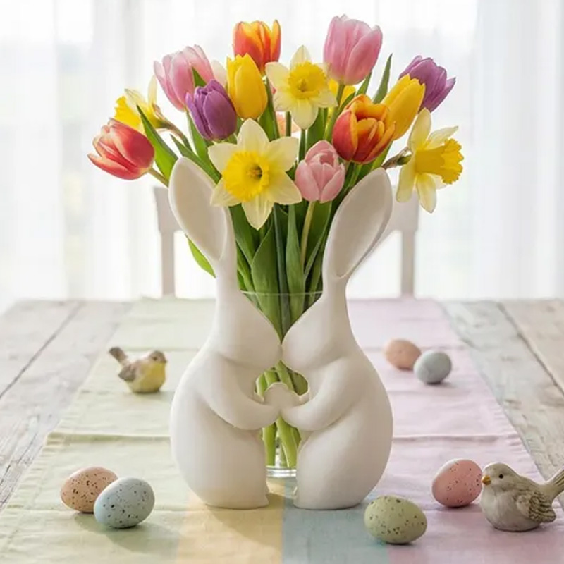 Cute Bunny Couple Holding Hands Spring Easter Tulip Floral Centerpiece Home Decor 3D Printed Vase