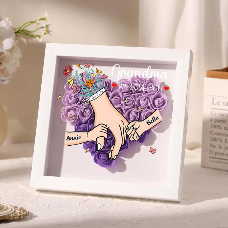 Personalized Rose Heart Shadow Box Hand Holding Frame with Kids Names Mothers Day Gift for Mummy