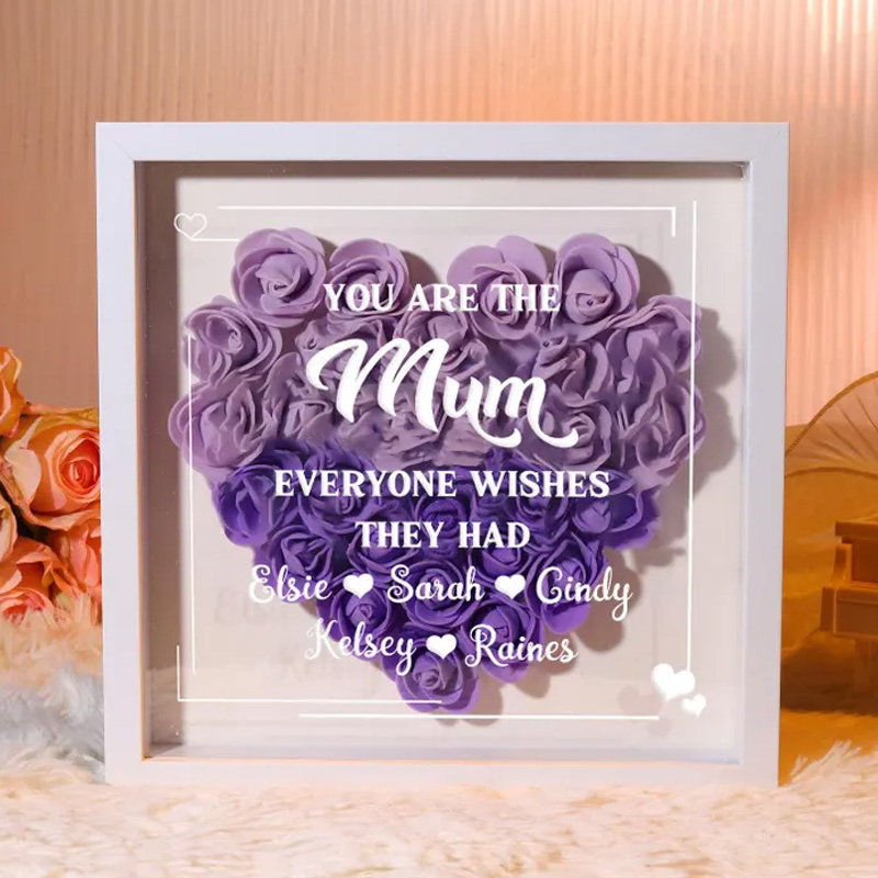 Personalized Mum Shadow Box Rose Heart Frame with Kids’ Names Family Name Keepsake Floral 3D Wall Art Mother’s Day Gift 