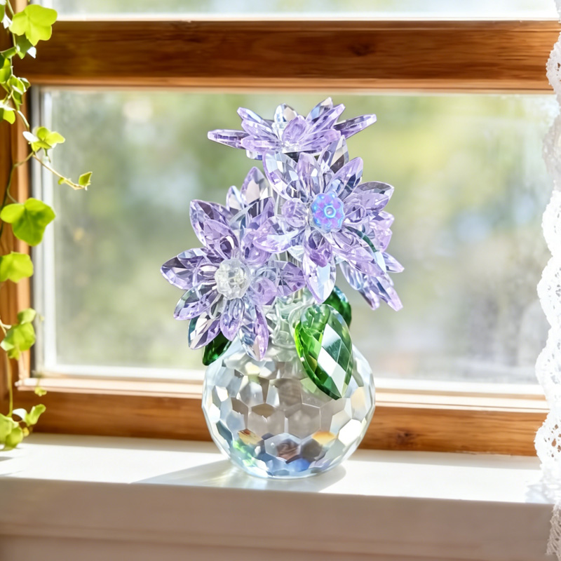 Purple Blossom Elegant Sparkling Decorative Home Table Centerpiece Gift Crystal Flower Ornament Gift for Mother