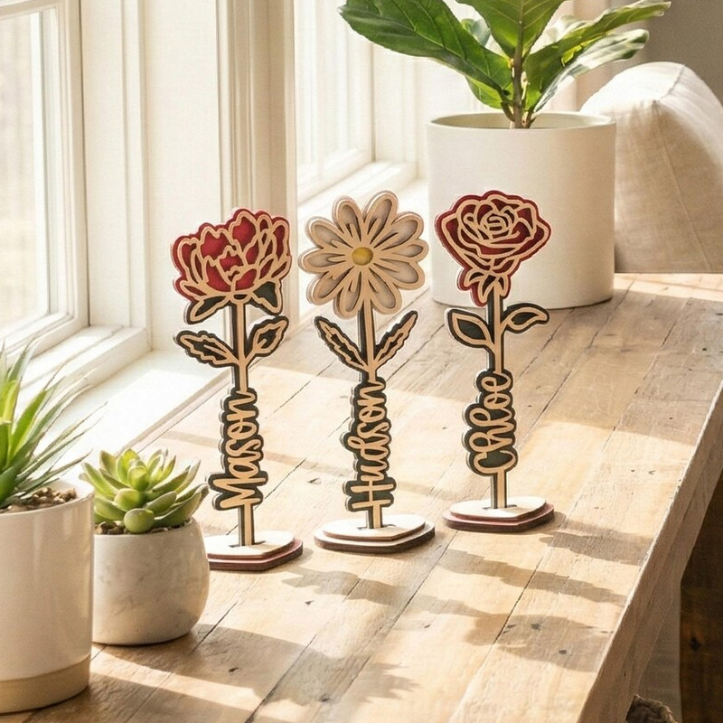 Personalized Custom Name Gift for Mom Kids Room Decoration Unique Handmade Art Piece Wooden Flower Stand For Table Decor