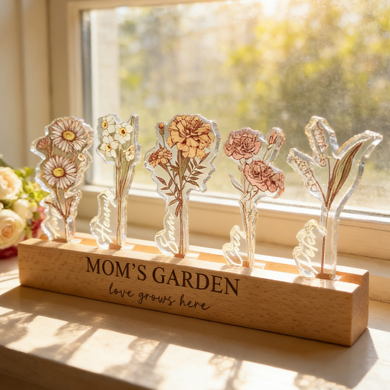 Personalized Mom's Garden Custom Birth Flower Shaped Plaque Light Base Gift For Grandma Nana