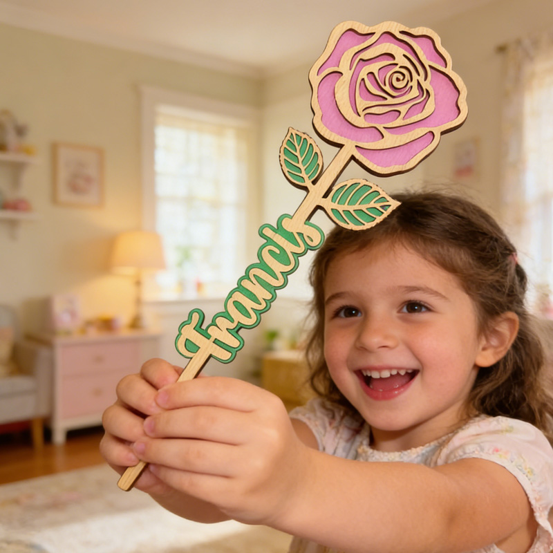 Personalized Custom Name Gift for Kids Handmade Wooden Rose Craft Mothers Day Present Wooden Flower Stand For Table Decor