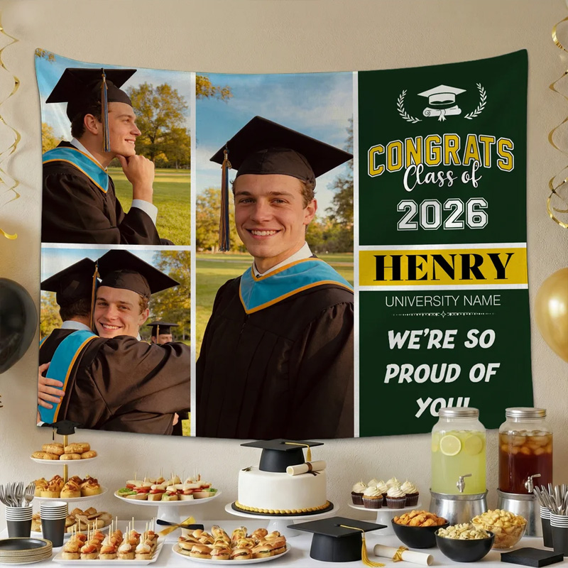 Personalized 3 Photos Multicolor Graduation Tapestry Banner with Name and Year Unique Graduation Party Gift for Graduates Families Friends