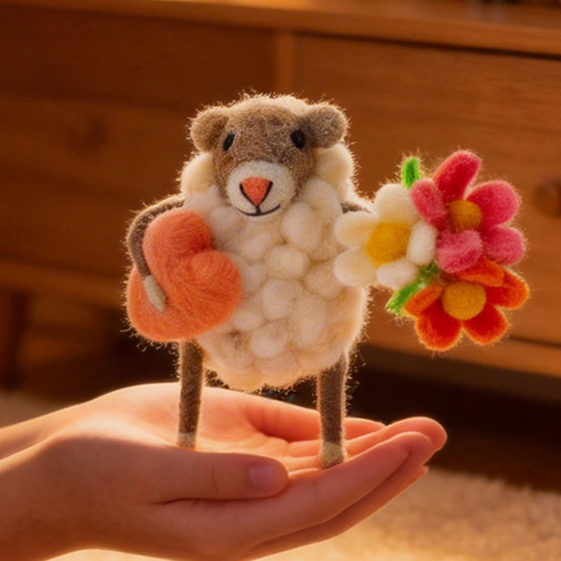  Handmade Mothers Day Gift Cute Wool Animal Holding Bouquet Home Decoration Ornament Felt Heart and Flowers Sheep