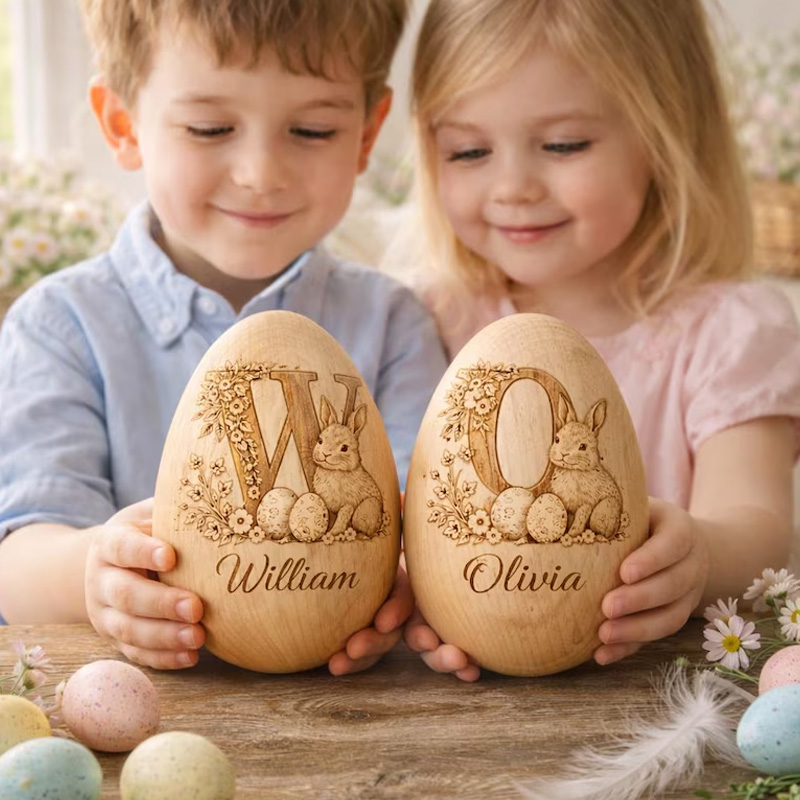 Personalized Engraved Bunny Gift Custom Name Keepsake for Kids Easter Celebration Holiday Decoration Wooden Easter Egg