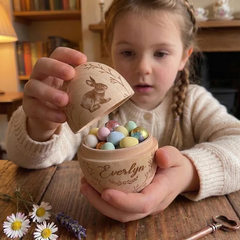 Personalized Custom Engraved Bunny Gift Name Keepsake Treat Box for Kids Easter Celebration Holiday Fillable Wooden Easter Egg