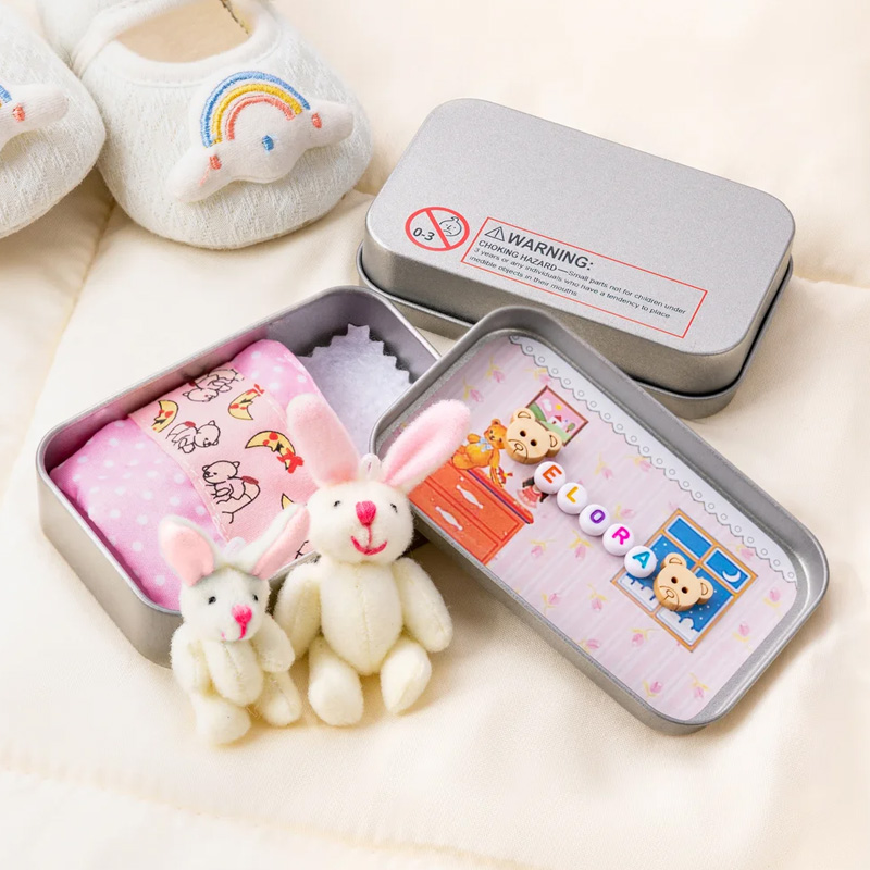 Personalized Cute Mom and Baby Plush Bunny Mini Pocket Tin Box with Colorful Name Comfort Toy Easter Birthday Gift for Kids