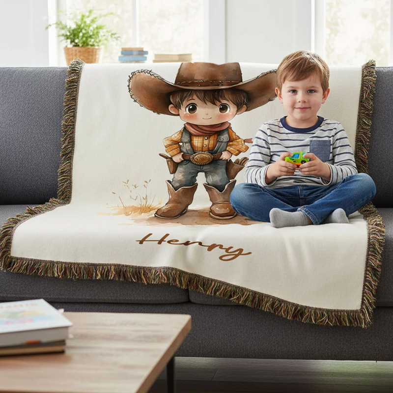 Personalized Cartoon Cowboy Cowgirl Tassel Soft Throw Blanket with Name Home Decor Birthday Gift for Kids Cowboy Lovers