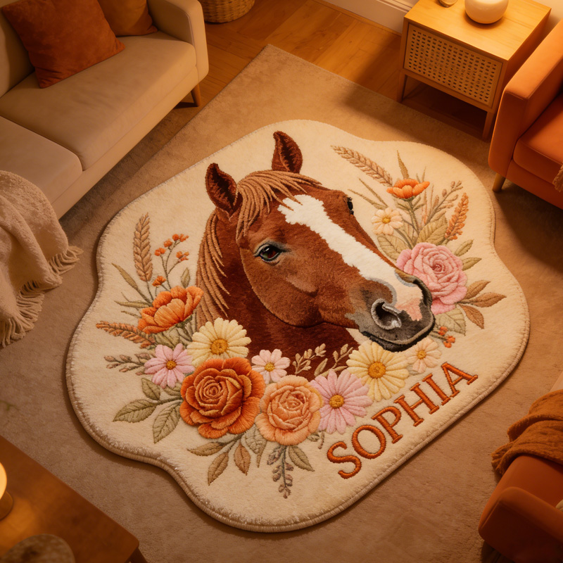 Personalized Horse Lover Floral Decor Gift For Kids Equestrian Pony Animal Print Bedroom Playroom Rug  Gift for Equestrian Riding Lovers Hourse Lover Gifts