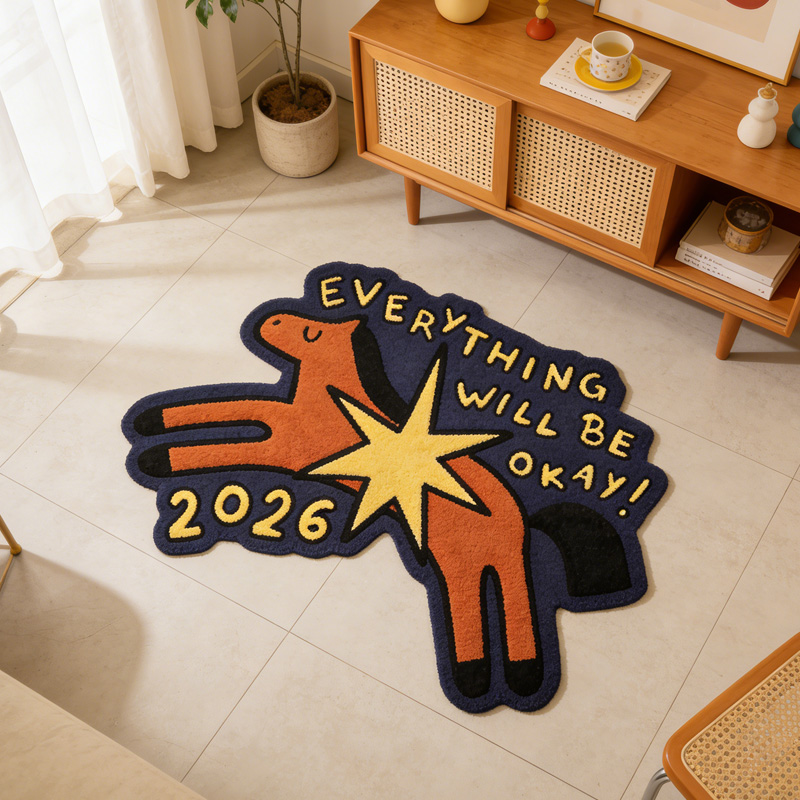 Personalized Everything Will Be Okay 2026 Positive Quote Colorful Horse Shape Gift For Kids Playroom Rug