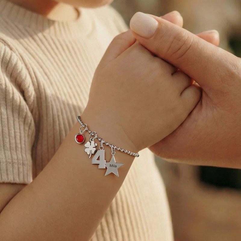 Personalized Lucky Star Heart Seahorse Ballerina Pendant Bead Chain Bracelet with Birthstone Number and Engraved Name Birthday Gift for Kids Girls