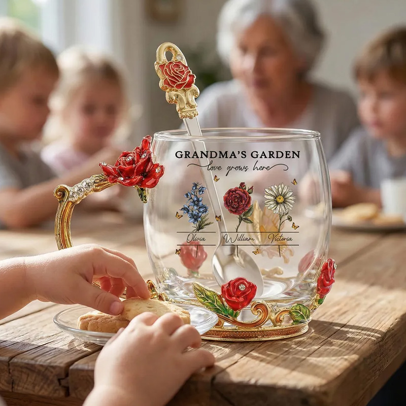Personalized Grandma's Garden Enamel Flower Tea Cup with Custom Birth Month Flowers, Vintage-Inspired Unique Gift for Grandma
