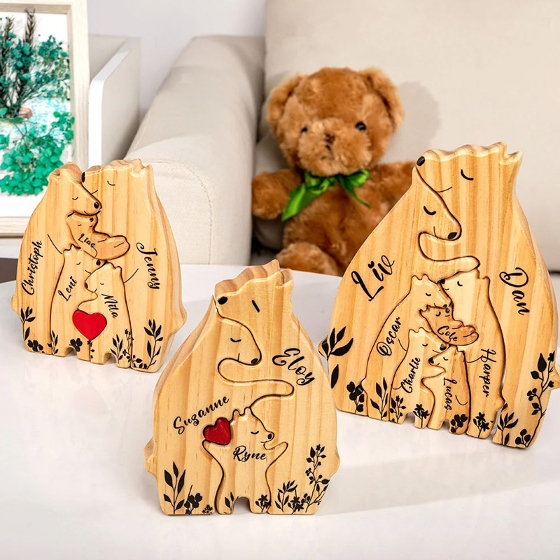 Personalized Wooden Bear Family Puzzle with 2-6 Names and Red Heart Desk Decoration Birthday Mother's Day Gift for Family