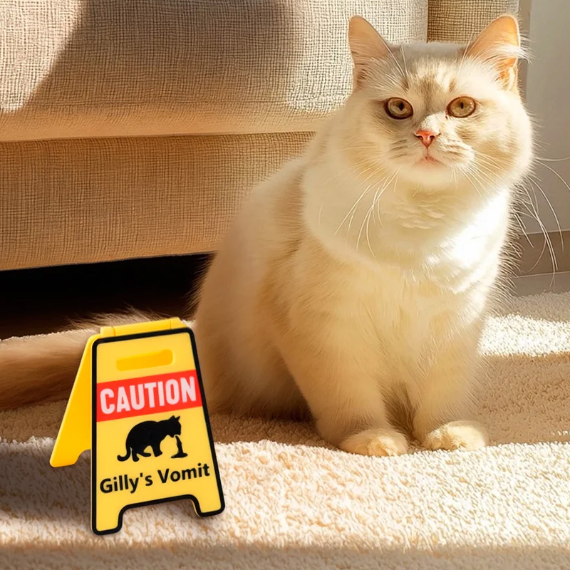 Personalized Funny Cat Vomit Silhouette Caution Sign with Text Desk Decor Daily Use Gag Gift for Cat Owner Lover