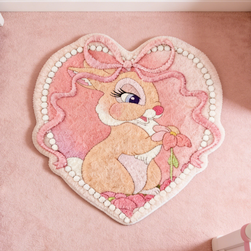 Soft Cute Bunny Heart Shaped Kids Bedroom Nursery Floor Mat Playroom Decor Rug Gift for Kids