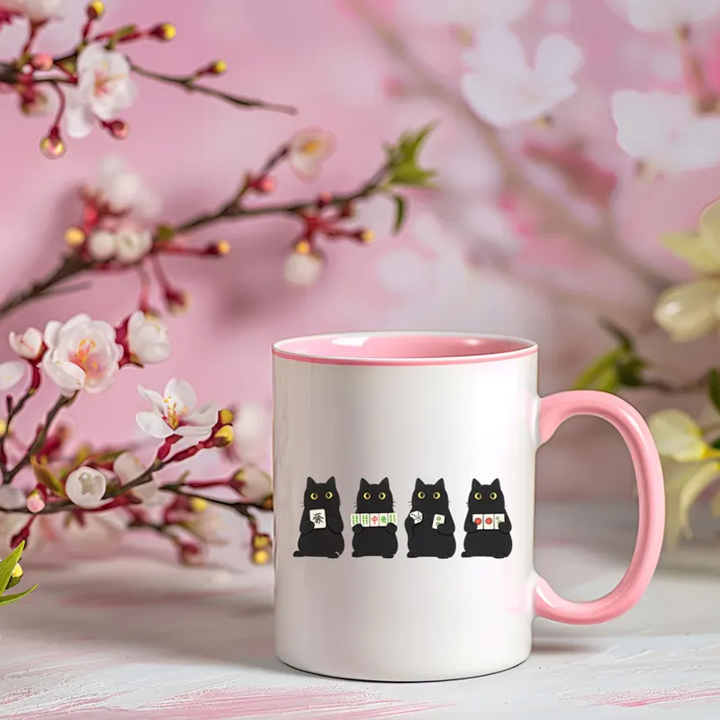 Cat Lover Gift Cute Black Cats Funny Coffee Tea Cup for Game Fans Mahjong Mug