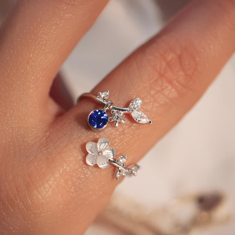 Personalized Birth Flower Ring Mother of Pearl Sakura Rings Adjustable Delicate Personalized Birthstone Gift Mather's Day Gift