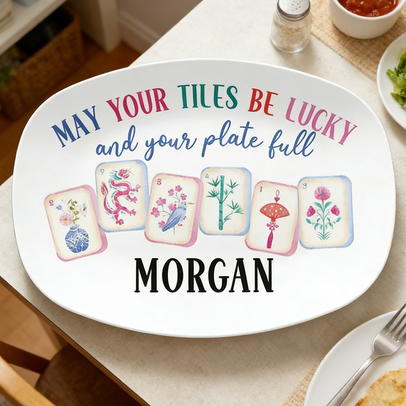 Lucky Quote Colorful Mahjong Tiles Pattern Gift Tableware for Party Lovers Game Night Mahjong Tile Dinner Plates
