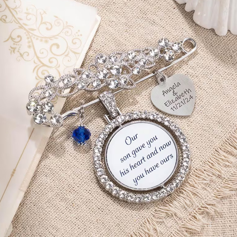 Personalized Something Blue Wedding Bouquet Charm Photo and Engraved Heart Brooch Memorial Rhinestone Pearl Gift for Bride