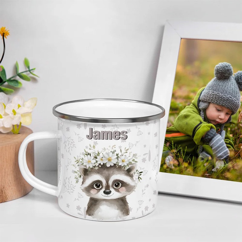 Personalized Cartoon Wreath Deer Bear Animals 12 oz Colored Rim Enamel Mug with Name Daily Use Christmas Birthday Gift for Boys and Girls