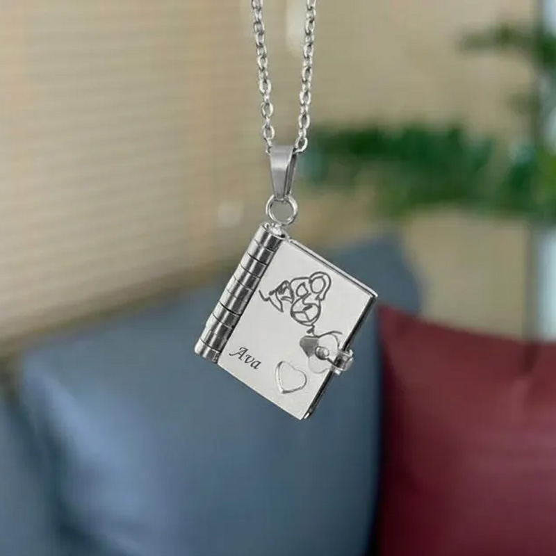 Personalized Book Necklace for Granddaughter Silver Locket Charm Pendant Gift Jewelry Engraved Book Necklace