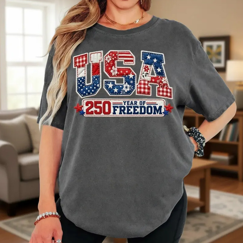 Vintage USA 250 Years of Freedom Patriotic Stars and Stripes Graphic Casual Independence Celebration T Shirt