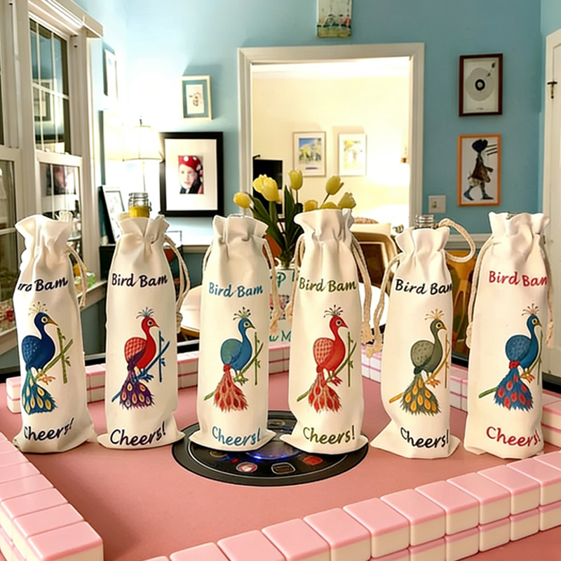 Colorful Fun Reusable Party Gift Bag Peacock Print Beverage Carrier Entertaining Accessory Mahjong Bird Bam Canvas Wine Totes