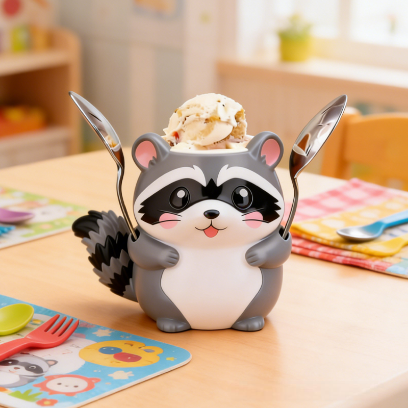 Cute Cartoon Raccoon Ice Cream Pint Holder 3D Printed with 2 Spoon Slots Cozy Birthday Gifts for Kids