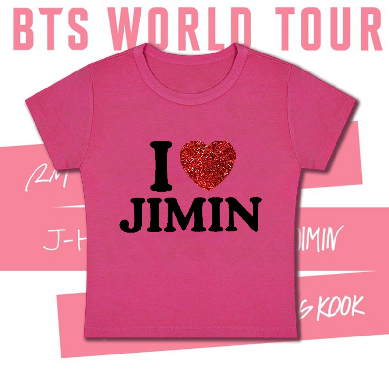 Personalized I Love Jimin Heart Glitter Graphic Kpop Inspired Cute Y2K Aesthetic Short Sleeve Cropped Top Baby Tee