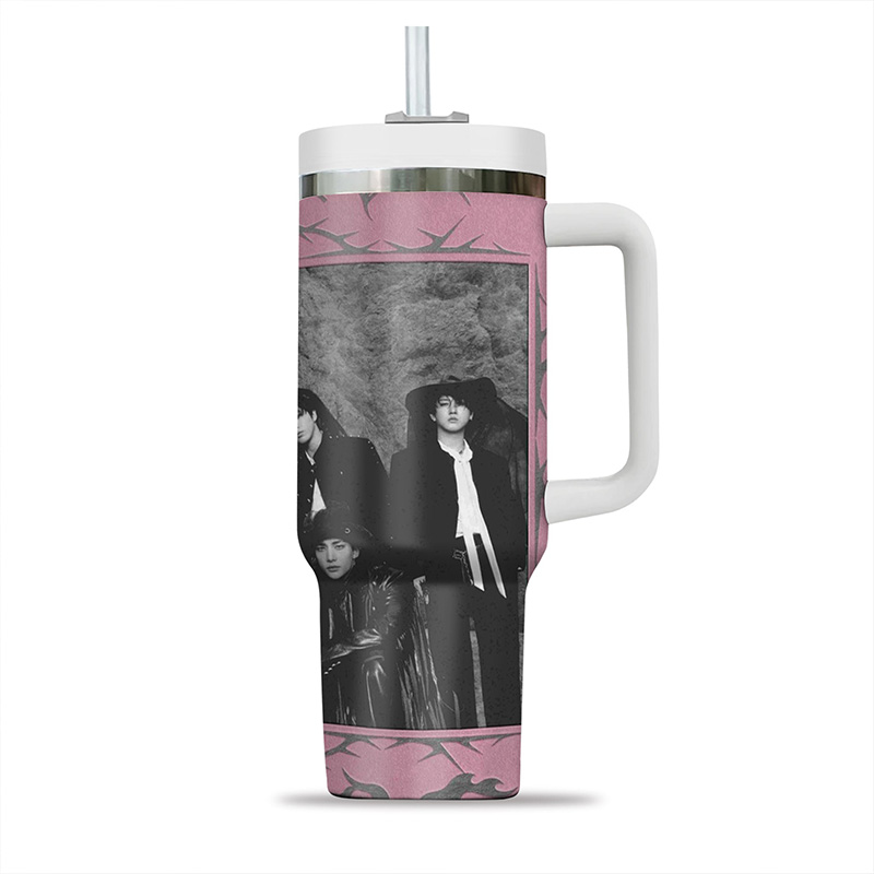 Kpop Inspired Black and White Retro Style Pink Frame Thorn Pattern Stainless Steel Travel Mug Tumbler