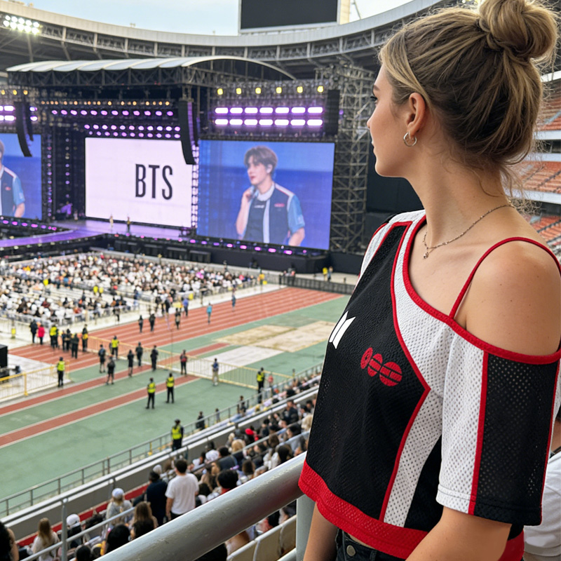 Personalized Kpop Inspired Sports Style Off Shoulder Black Red White Mesh Crop Top Fashion Shirt