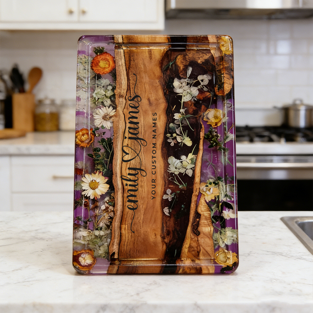 Personalized Name Resin Wood Tray With Dried Flowers Personalized Epoxy Serving Tray For Wedding Anniversary Housewarming Gifts