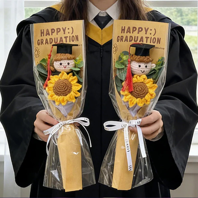 Graduation Gift Sunflower Bouquet with Cute Doll Plush Toy Handmade Flower Wrap Congratulation Present