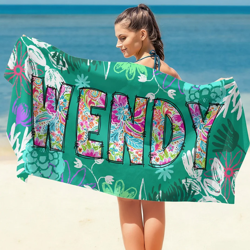 Personalized Toile De Jouy Graffiti Floral Quick Dry Oversized Beach Towel with Name Summer Vacation Travel Essentials Birthday Gift for Friend Family