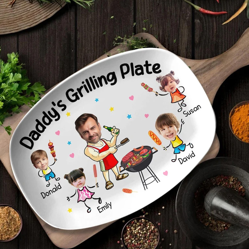 Personalized Cute cartoon family barbecue funny personalized summer cookout gift for dad custom artwork Daddy Grilling Platter