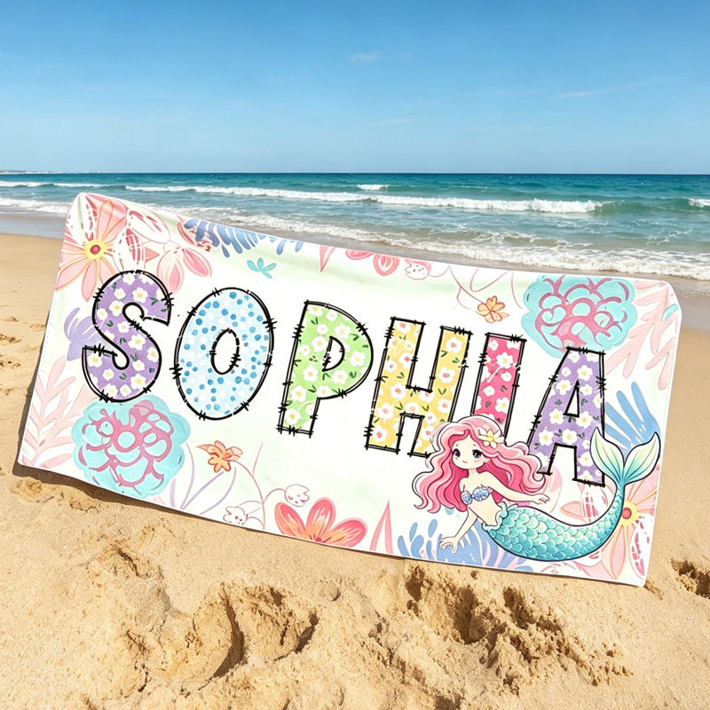 Personalized Mermaid Beach Towel Custom Name Purple Ocean Coral Starfish Seashell Summer Gift for Girls